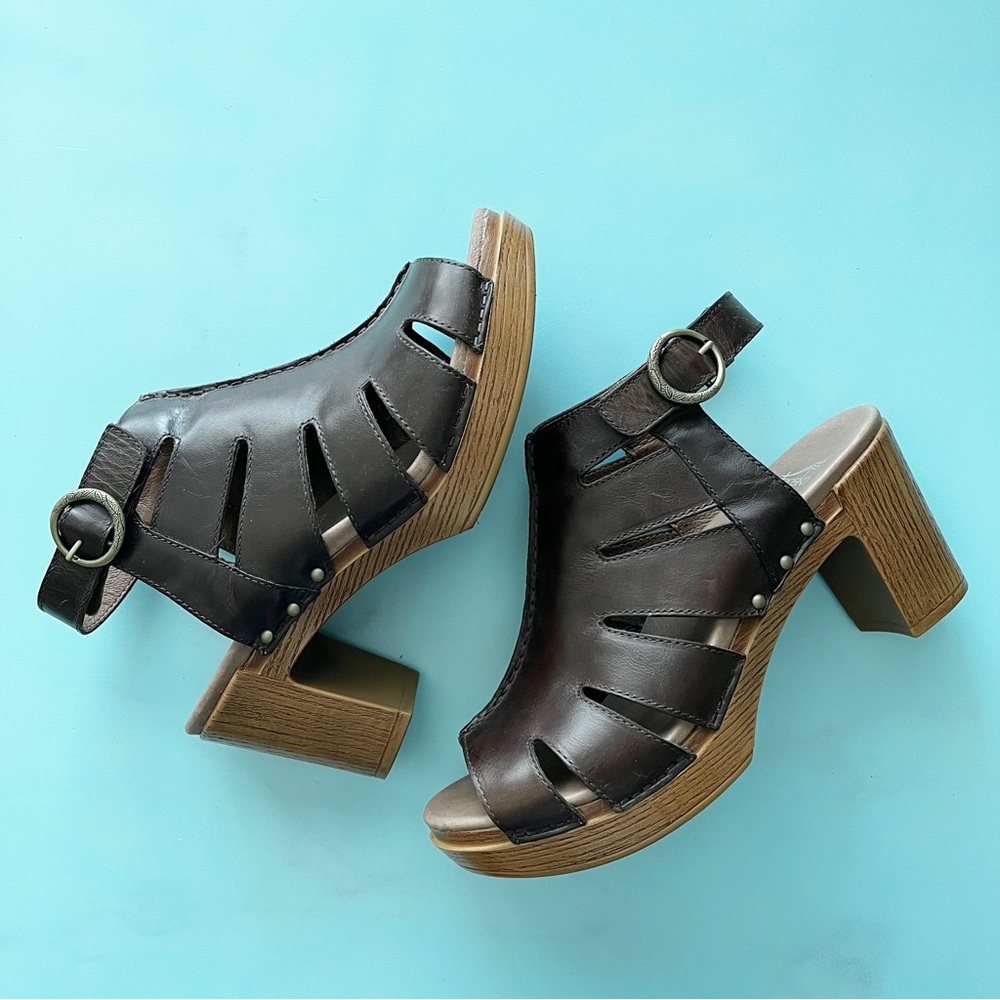 Dansko Sandals Heeled Peep Toe Booties Clog Demetra Ankle Leather Grommets Brown